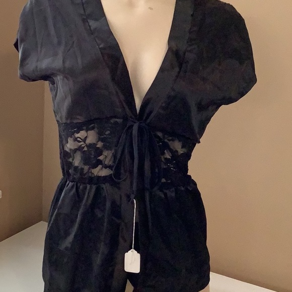 Black Satin & Lace Front Tie Lingerie & Thong Set Small. New - Picture 2 of 7